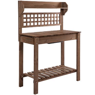 Wooden Outdoor Planning And Potting Bench With Sink Basin & Clapboard, Natural