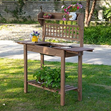 Wooden Outdoor Planning And Potting Bench With Sink Basin & Clapboard, Natural