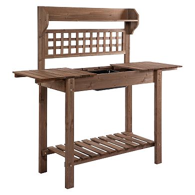 Wooden Outdoor Planning And Potting Bench With Sink Basin & Clapboard, Natural