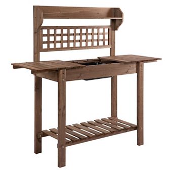 Wooden Outdoor Planning And Potting Bench With Sink Basin & Clapboard, Natural