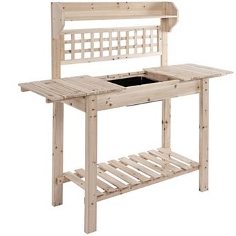 Wooden Outdoor Planning And Potting Bench With Sink Basin & Clapboard, Natural