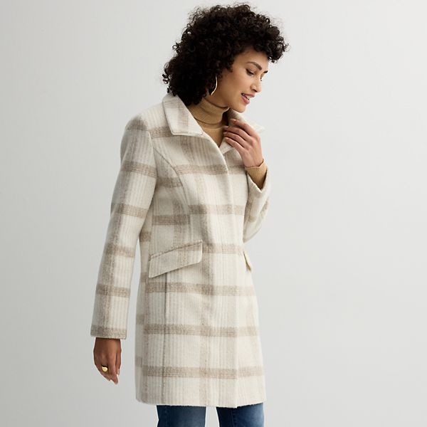 Women's Nine West Faux-Wool Zip Front Coat - Cream Plaid (XX LARGE)