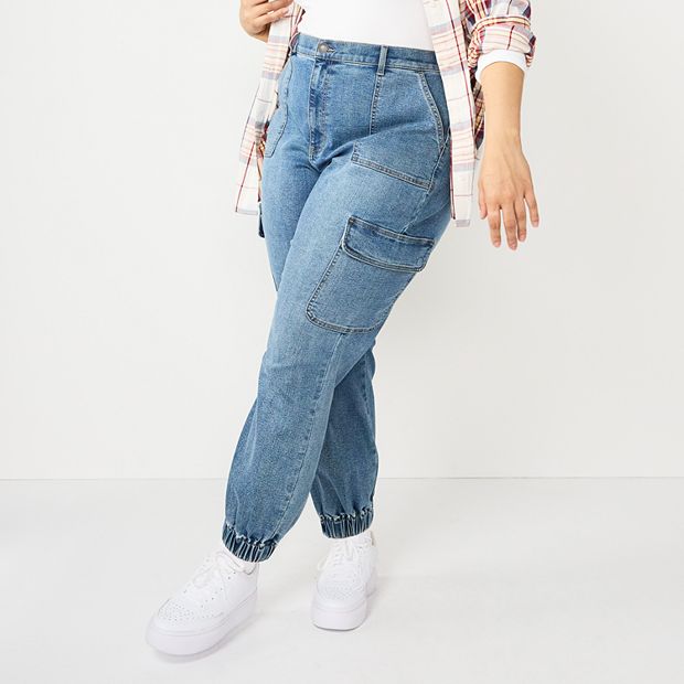 Juniors' Plus Size SO® High-Waisted Cargo Denim Joggers