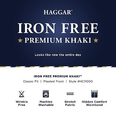 Men's Haggar® Iron Free Premium Khaki Classic-Fit Pleat Front Hidden Comfort Waistband Casual Pant