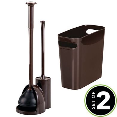mDesign Plastic Bathroom Set, Bowl Brush/Plunger and Trash Can -Set of 2, Brown