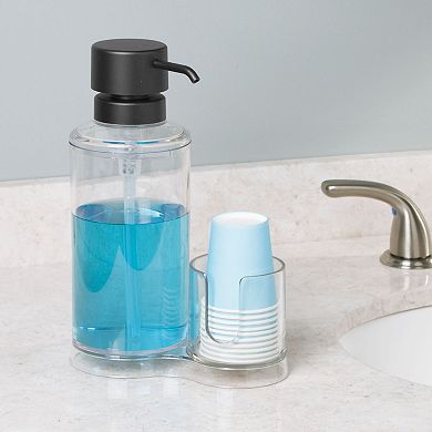 mDesign Plastic Refillable Mouthwash Dispenser/Cup Organizer - Clear/ Brushed