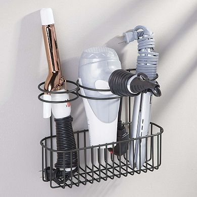 mDesign Steel Wall Mounted Bathroom Hair Care Storage Organizer Basket, Chrome
