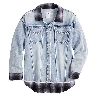 Juniors' SO® Contrast Flannel Plaid Denim Jacket