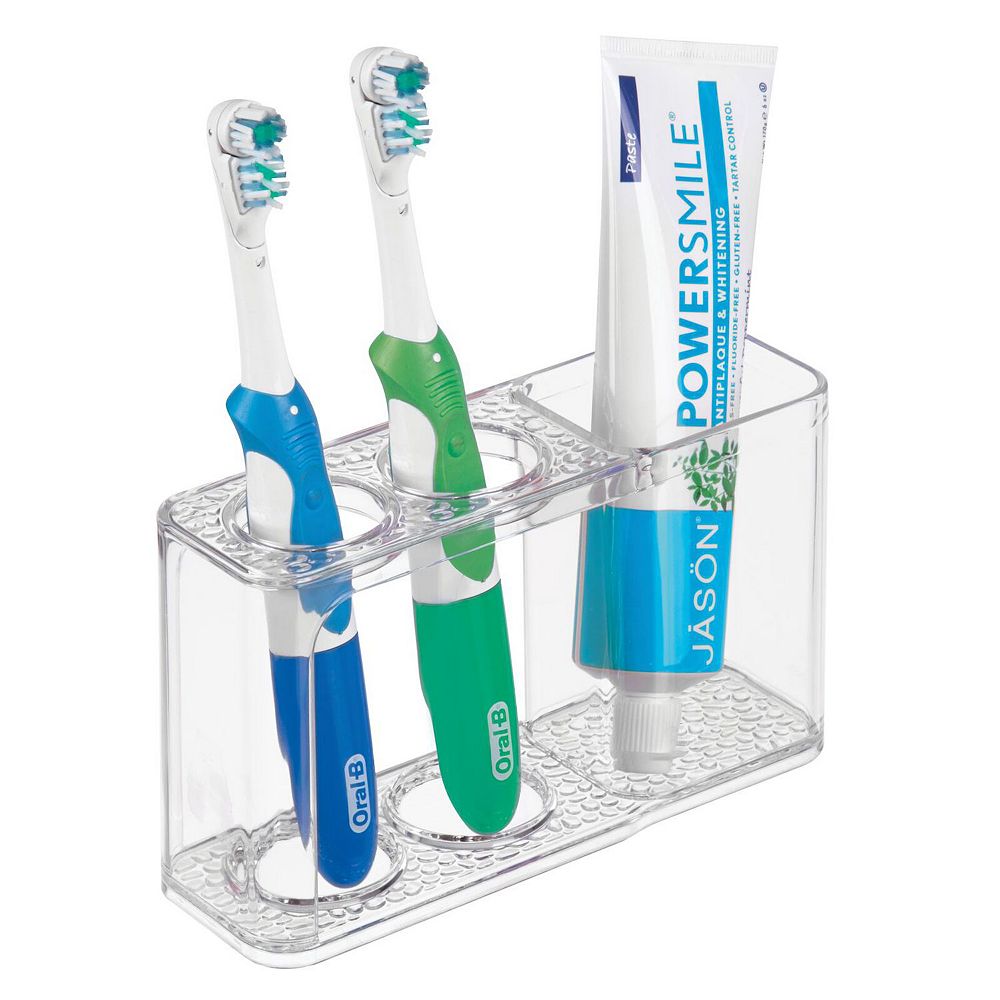 mDesign Modern Plastic Bathroom Toothbrush, Toothpaste Stand Holder - Clear