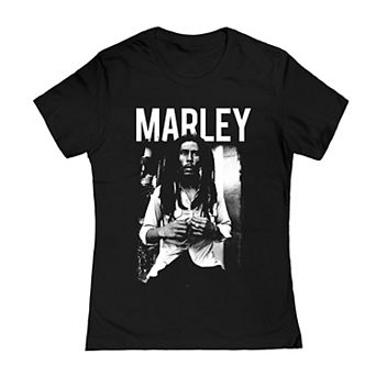 Juniors' Bob Marley Black White Graphic Tee