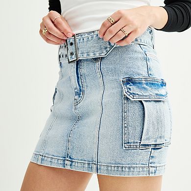 Juniors' SO® Belted Utility Cargo Pocket Denim Skirt