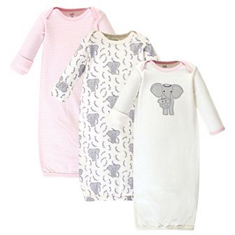 Touched by Nature Baby Girl Organic Cotton Long-Sleeve Gowns 3 pk Girl Elephant, Preemie