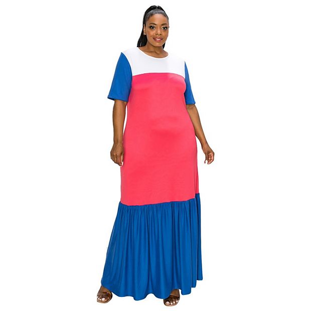 knee length dresses for ladies Plus Size Colorblock Striped Maxi Dress | Pocket Patchwork main image 0