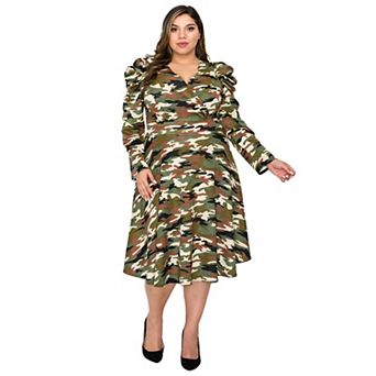 Camo Statement Shoulder Midi Flare Dress