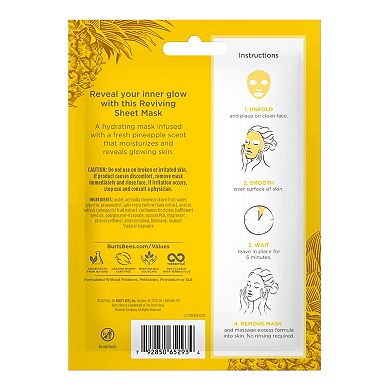 Burt's Bees Reviving Sheet Mask with Pineapple, 99% Natural Origin, Single-Use Sheet Mask, 0.33-oz.