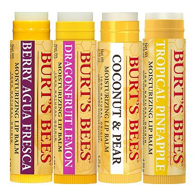 Burt's Bees 100% Natural Origin Moisturizing Lip Balm, Tropical Pineapple, Berry Agua Fresca, Dragon Fruit Lemon and Coconut & Pear, 4 Tubes