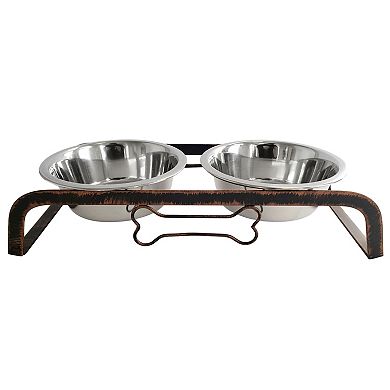 Country Living Rustic Elevated Dog Bone Feeder With 2 Stainless Steel Bowls, 2qt