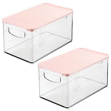 mDesign Deep Plastic Bathroom Storage Box with Lid/Handles, 2 Pack, Clear/White