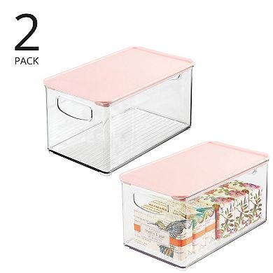 mDesign Deep Plastic Bathroom Storage Box with Lid/Handles, 2 Pack, Clear/White