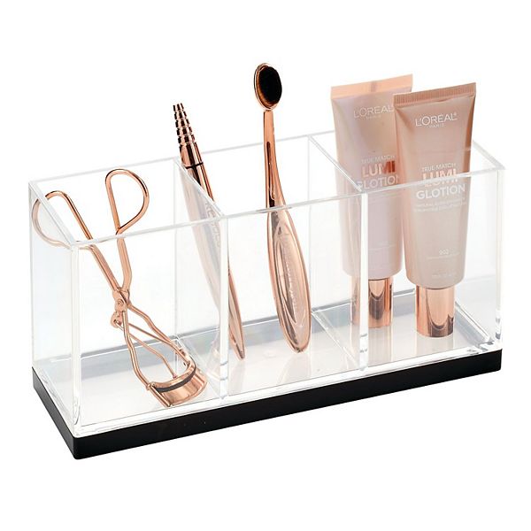 mDesign Plastic Makeup Organizer Storage Caddy Bin, 3 Sections, Black