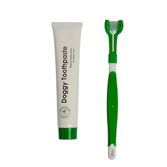 Triple Headed Dog Toothbrush with All-Natural Toothpaste Kit Complete 2 pc Dental Care Solution