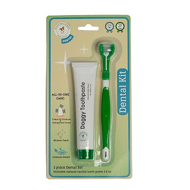 Triple Headed Dog Toothbrush with All-Natural Toothpaste Kit Complete 2-pc Dental Care Solution