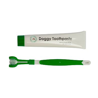 Triple Headed Dog Toothbrush with All-Natural Toothpaste Kit Complete 2-pc Dental Care Solution
