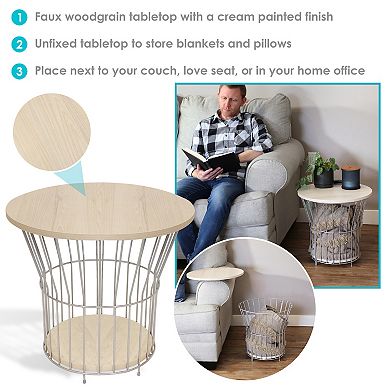 Sunnydaze Wire Pedestal End Table with MDF Pull-Open Tabletop