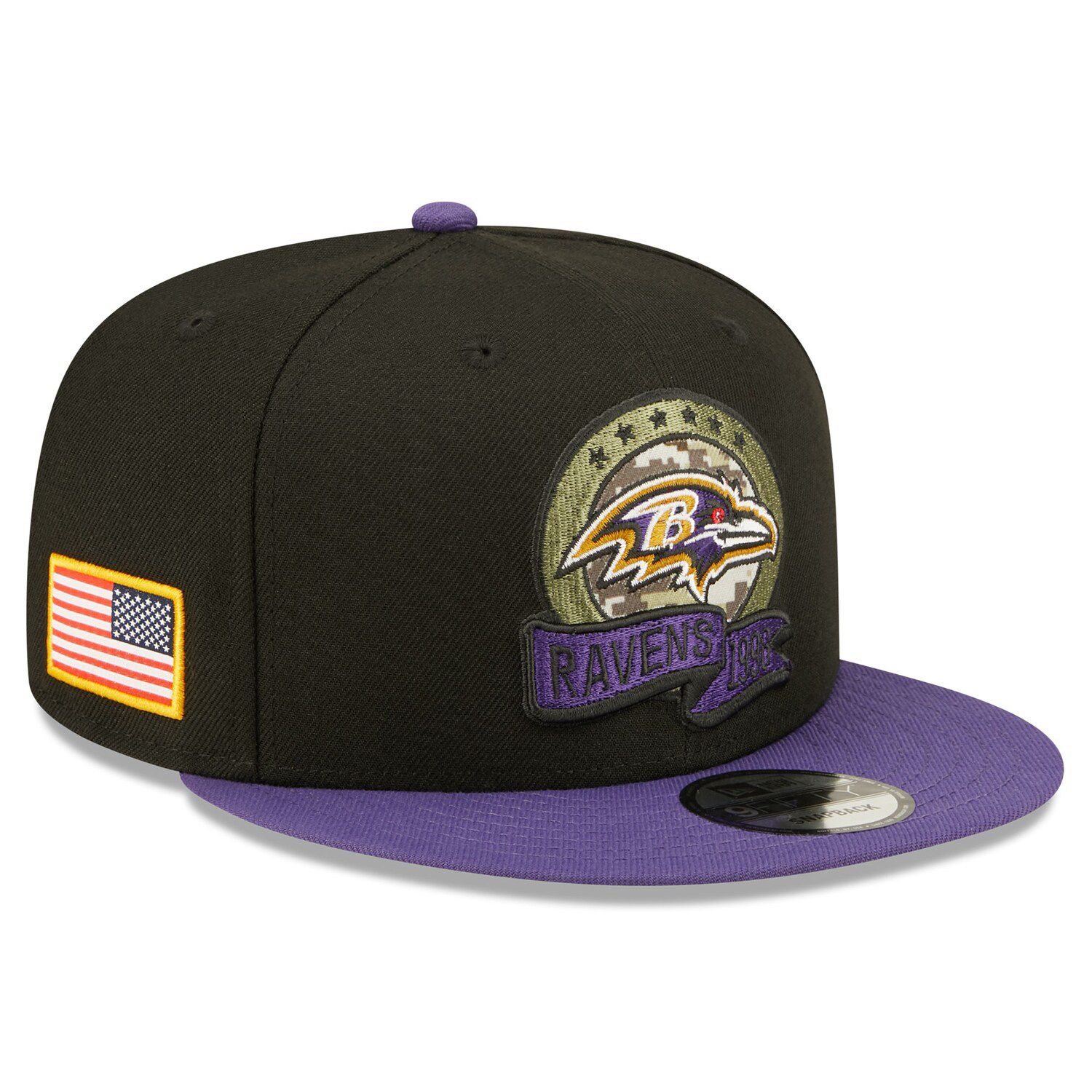 Men's New Era Black/Camo Baltimore Ravens 2022 Salute To Service 9FORTY  Snapback Trucker Hat