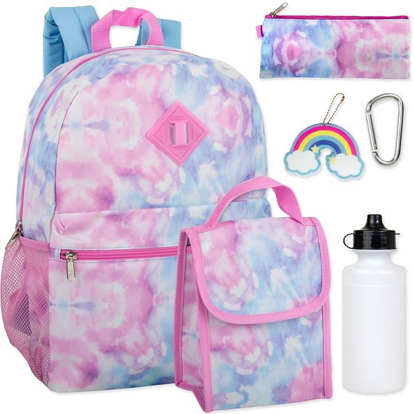 Girls/Women pink tie dye backpack w/ lunch box and water bottle 6 piece set