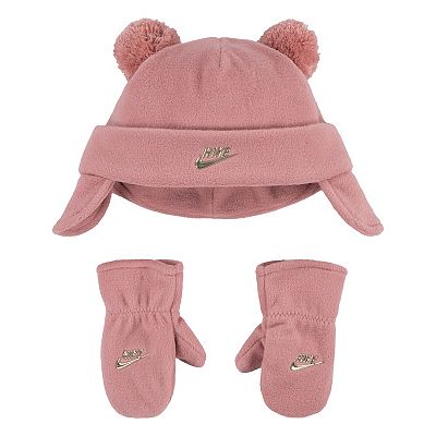 Toddler 2T-4T Nike Pom Pom Ears Trapper Hat and Mittens Set