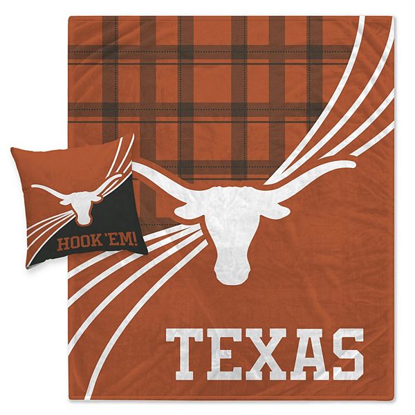 Texas Longhorns Plaid Wave Flannel Fleece Blanket & Pillow Combo Set