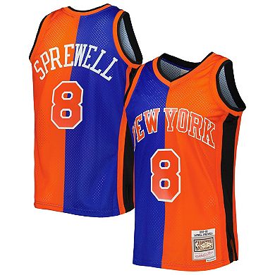 Men's Mitchell & Ness Latrell Sprewell Blue/Orange New York Knicks Hardwood Classics 1998-99 Split Swingman Jersey