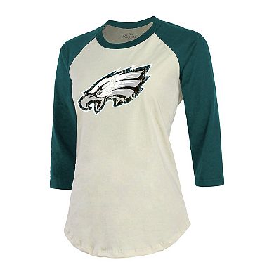 Women's Majestic Threads Jalen Hurts Cream/Midnight Green Philadelphia Eagles Player Name & Number Raglan 3/4-Sleeve T-Shirt