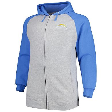 Men's Fanatics Branded Heather Gray Los Angeles Chargers Big & Tall Fleece Raglan Full-Zip Hoodie Jacket