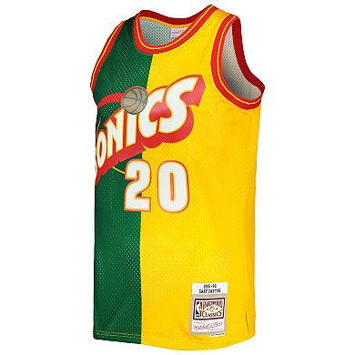 Men's Mitchell & Ness Gary Payton Green/Gold Seattle SuperSonics Hardwood Classics 1995/96 Split Swingman Jersey
