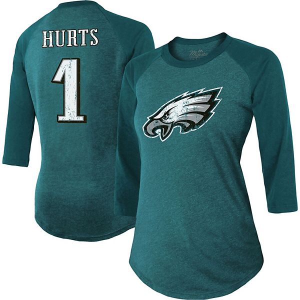 Women's Majestic Threads Jalen Hurts Midnight Green Philadelphia Eagles  Name & Number Raglan 3/4 Sleeve T-Shirt