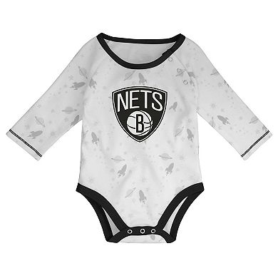 Newborn & Infant White/Black Brooklyn Nets Three-Piece Dream Team Long Sleeve Bodysuit Cuffed Knit Hat & Footed Pants Set