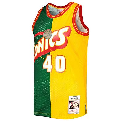 Men's Mitchell & Ness Shawn Kemp Green/Gold Seattle SuperSonics Hardwood Classics 1995/96 Split Swingman Jersey