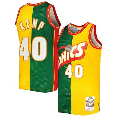 Men's Mitchell & Ness Shawn Kemp Green/Gold Seattle SuperSonics Hardwood Classics 1995-96 Split Swingman Jersey