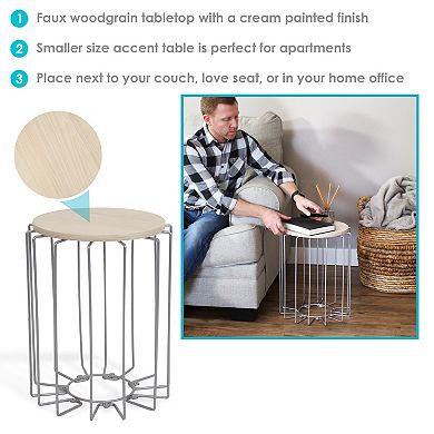 Sunnydaze Steel Wire End Table with Faux Woodgrain Tabletop - Brown