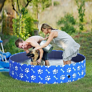 PawHut Foldable PVC Dog Bath Pool Portable Kiddie Swimming Pool Outdoor/Indoor Bath Tub with Nonslip Bottom for Dogs and Cats Blue 63" x 12"