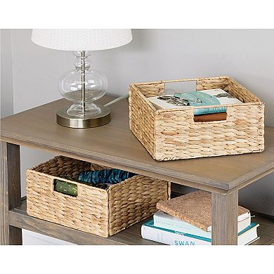 mDesign Woven Hyacinth Bin Basket Organizer with Handles - 4 Pack - Brown Wash