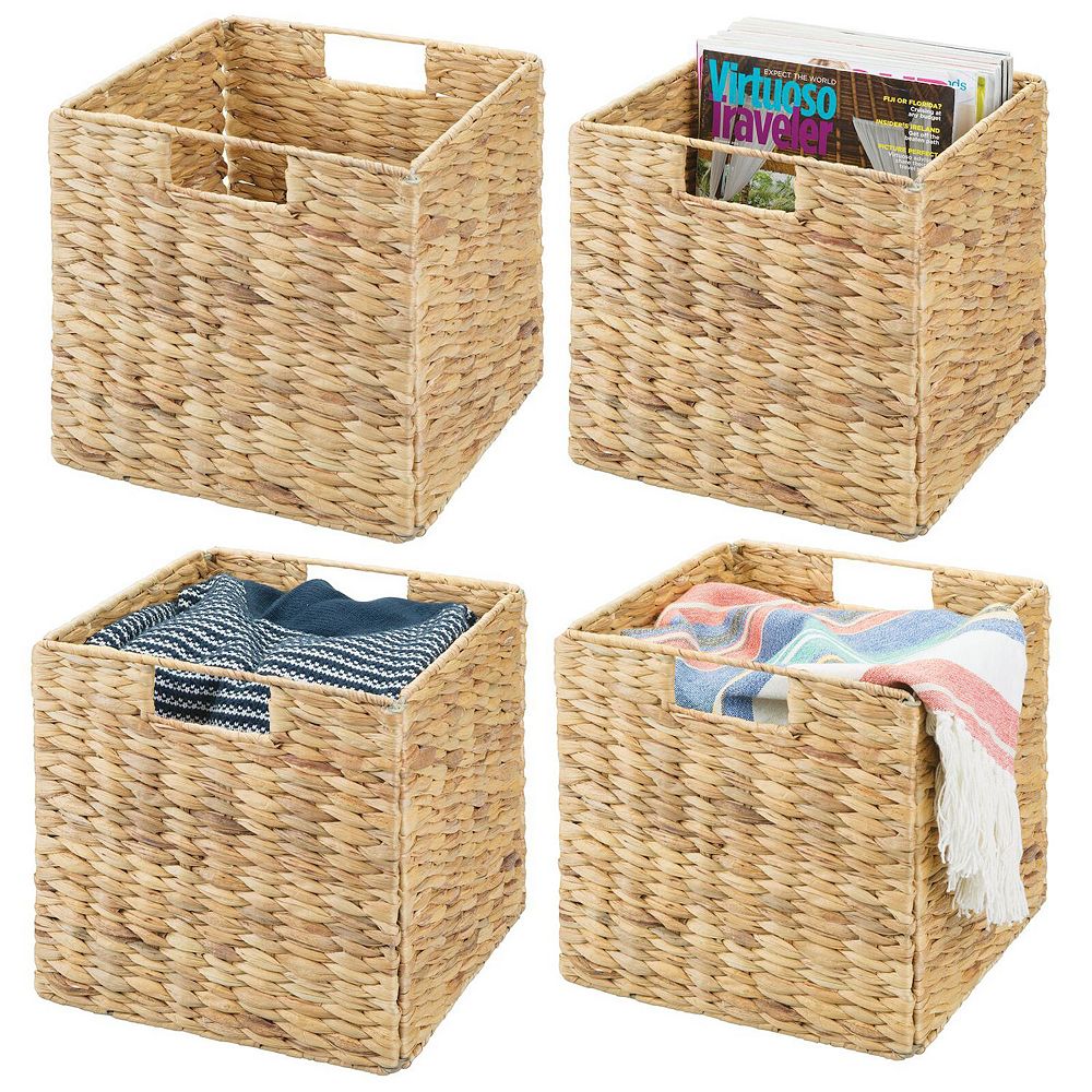 mDesign Woven Hyacinth Bin Basket Organizer with Handles - 4 Pack - Brown Wash