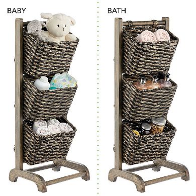 mDesign Water Hyacinth 3-Tiered Storage Baskets Floor Stand - White/Natural