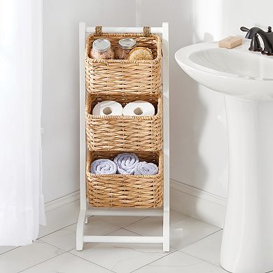 mDesign Water Hyacinth 3-Tiered Storage Baskets Floor Stand - White/Natural