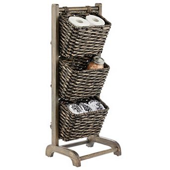 mDesign Water Hyacinth 3 tier d Storage Baskets Floor Stand - White/Natural