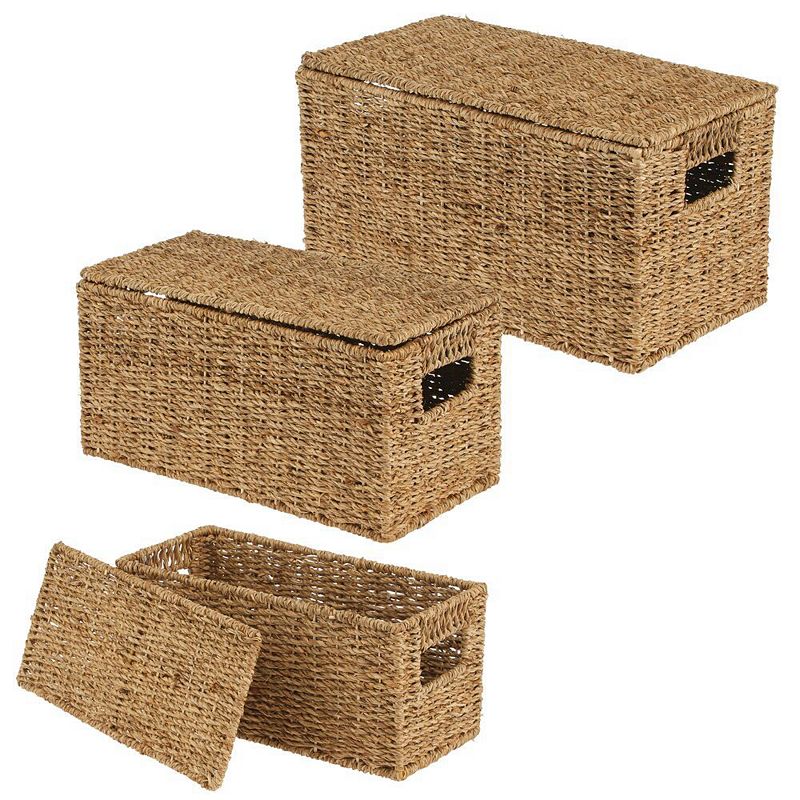 Farmlyn Creek 3-Pack 9 inch Square Wicker Storage Baskets with Liners -  Small Woven Bins for Organizing Kitchen and Closet Shelves