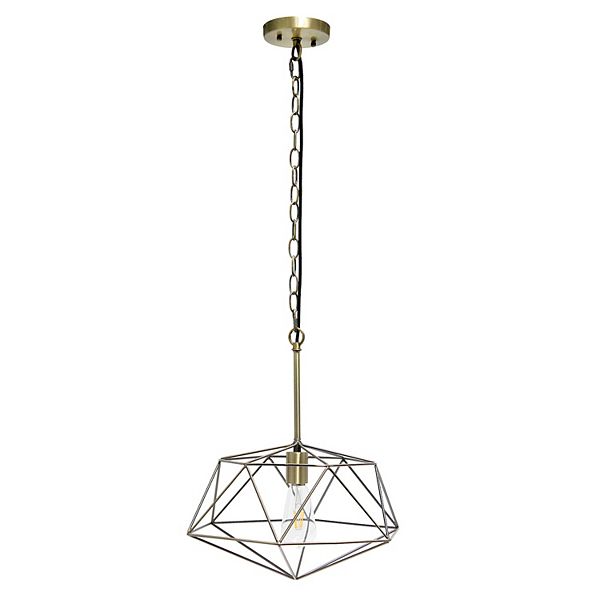 16 in. Antique Brass Geometric Diamond Shaped Pendant Industrial Metal Wire Cage 1 Light Fixture Pendant Light