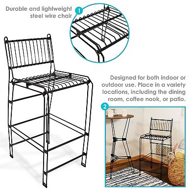 Black steel wire bar chair designed for indoor or outdoor use.